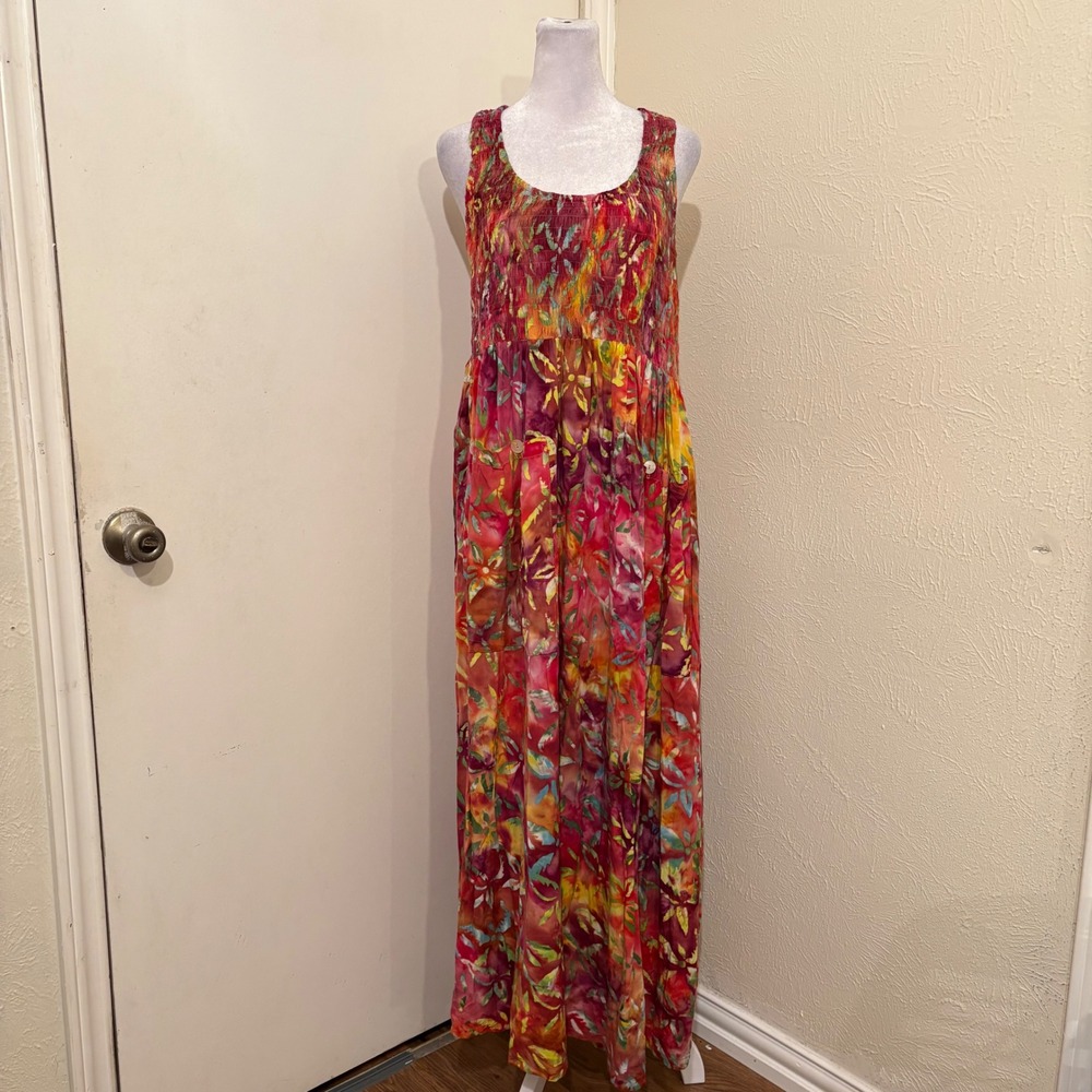 Lotus Traders Rainbow Watercolor Pink Floral Batik Smocked Rayon Maxi Dress